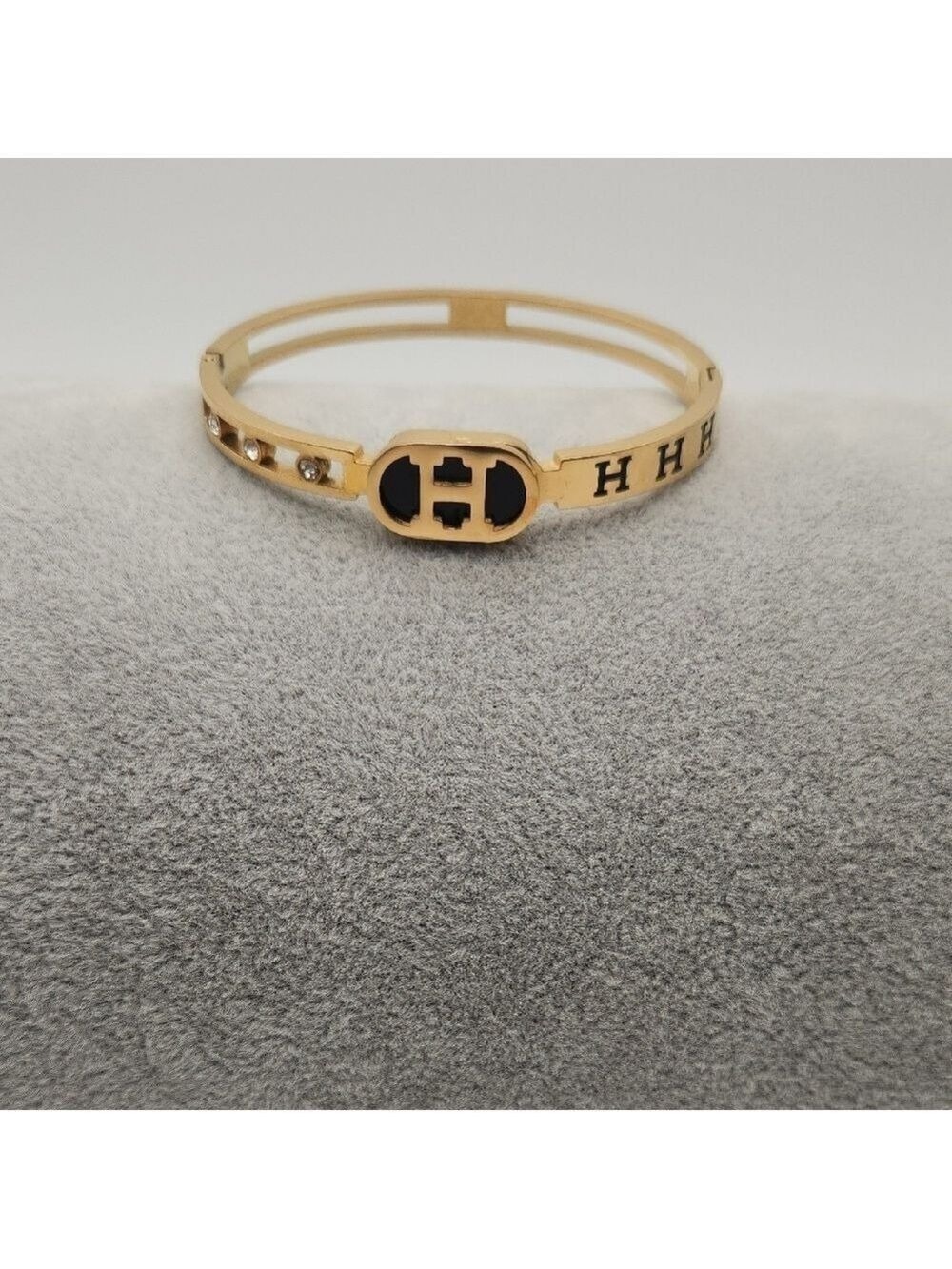 18K Gold Plated Stainless Steel Black Enamel H Bangle  Waterproof  Tarnish Proof